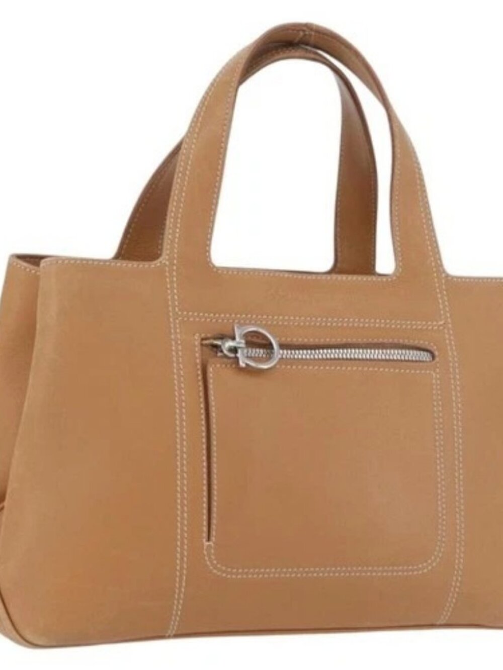 Salvatore Ferragamo Hand Bag Leather Beige Silver Auth BA11228